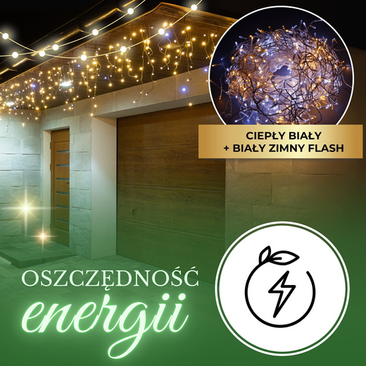 Kurtyna świetlna 500 led girlanda, lampki wewnętrzno-zewnętrzne sople biały zimny biały + ciepły biały flash