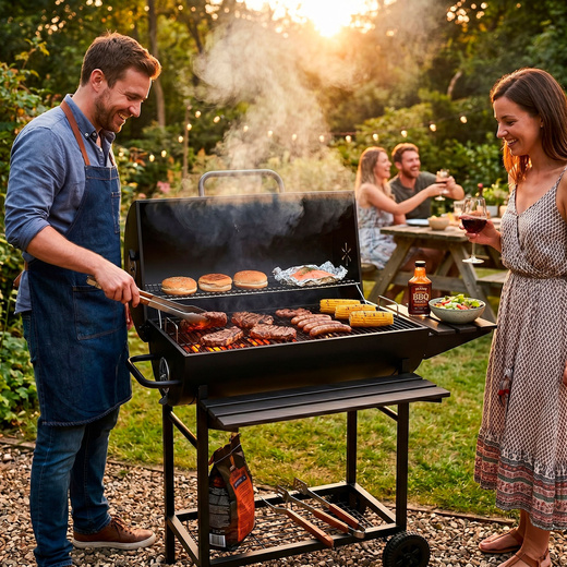 Grill węglowy, ogrodowy z pokrywą, termometrem, duży ruszt grillowy