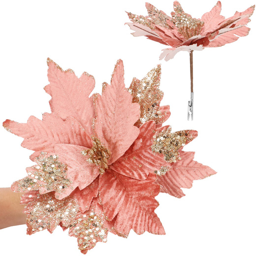 Gwiazda betlejemska, sztuczny kwiat na klipsie poinsecja różowa srebrne cekiny