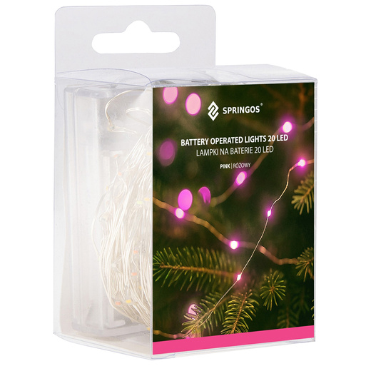 Lampki choinkowe 20 LED druciki mikro na baterie różowe