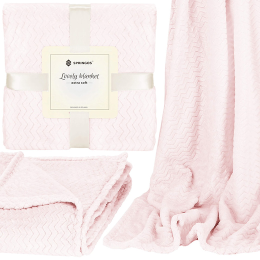 Narzuta na łóżko, pled 130x180 cm tłoczony zygzak, dwustronny koc na kanapę pudrowy róż
