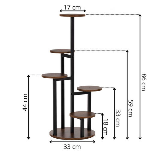 Kwietnik metalowy pięciopoziomowy, stojak na kwiaty, rośliny 86 cm stojący, ciemnobrązowy