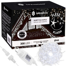 Kurtyna świetlna 300 led girlanda, lampki wewnętrzno-zewnętrzne 15,5 m sople biały zimny + flash