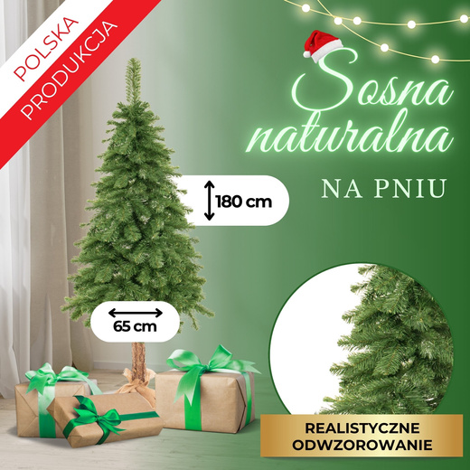 Choinka na pniu 180 cm sztuczna sosna premium gęsta ze stojakiem i jutą