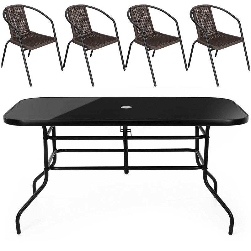 Meble ogrodowe metalowe zestaw stół 140x80 cm i 4 krzesła na taras balkon czarno-brązowe