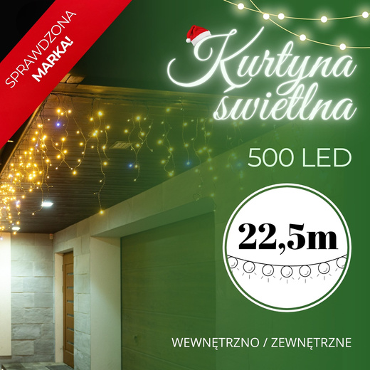 Kurtyna świetlna 500 led girlanda, lampki zewnętrzne sople ciepły biały + flash