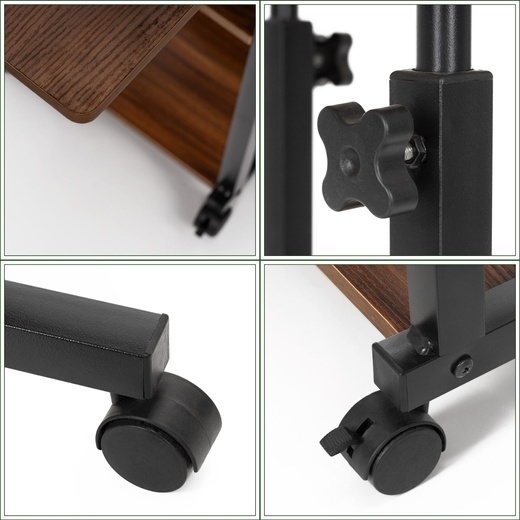 Stolik na kółkach regulowany 76-86 cm biurko mobilne pod laptopa ciemnobrązowe