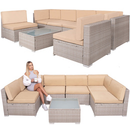 Meble ogrodowe zestaw modułowy technorattan stolik kawowy i 6 modułów beżowy