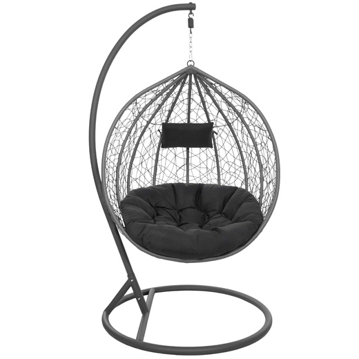 Kokon ogrodowy rattanowy z poduszkami fotel wiszący bujak huśtawka na metalowym stelażu szara