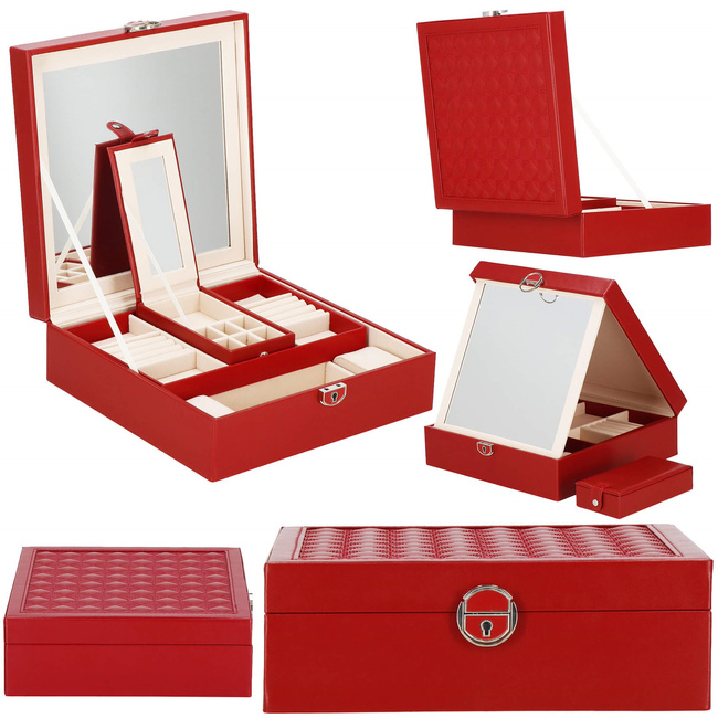 Szkatułka na biżuterię ekoskóra 25x25x8,5 cm bordowy organizer z przegródkami