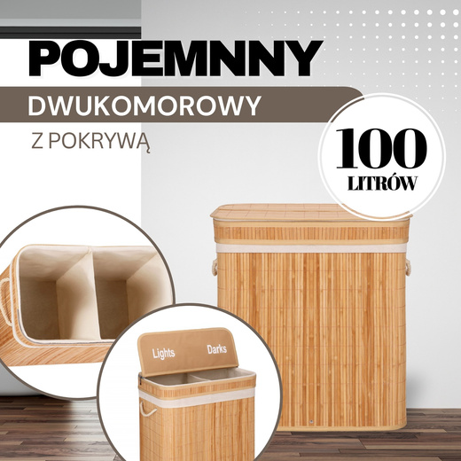 Kosz na pranie 100l z pokrywą bambusowy, dwukomorowy jasnobrązowy