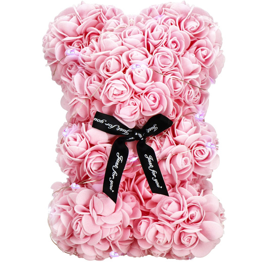 Miś z płatków róż różowy 22 cm rose bear z lampkami LED biały zimny