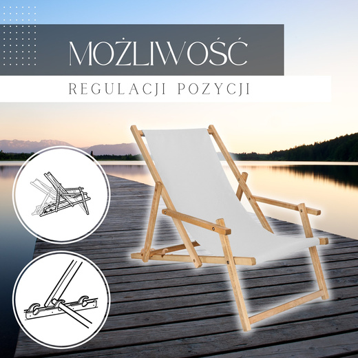 Leżak ogrodowy z podłokietnikami, drewniany z 3-stopniową regulacją, plażowy, jasny szary