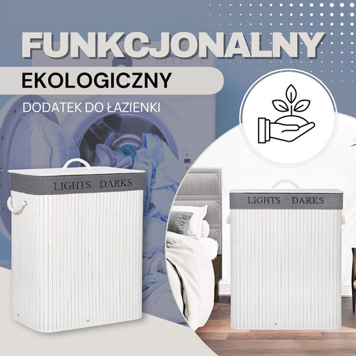 Kosz na pranie 100L bambusowy z pokrywą biały, szary