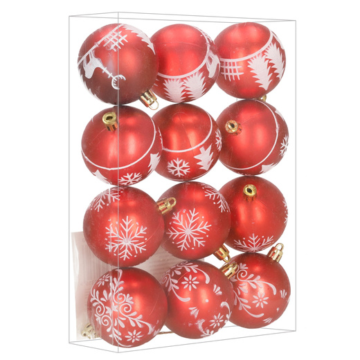 Bombki choinkowe 7 cm 12 szt. zestaw ozdoby świąteczne zdobione półmatowe, czerwone białe