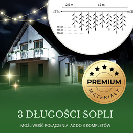 Kurtyna świetlna 14,5 m girlanda, lampki wewnętrzno-zewnętrzne 300 led sople zimny biały z flash
