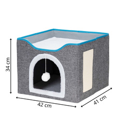 Legowisko dla kota z zabawką i drapakiem 42x41x34 cm koci domek, posłanie szare
