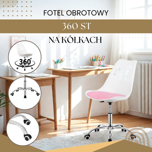 Fotel dziecięcy do biurka, obrotowe krzesło na kółkach regulowane dla dzieci do nauki, biało-różowe