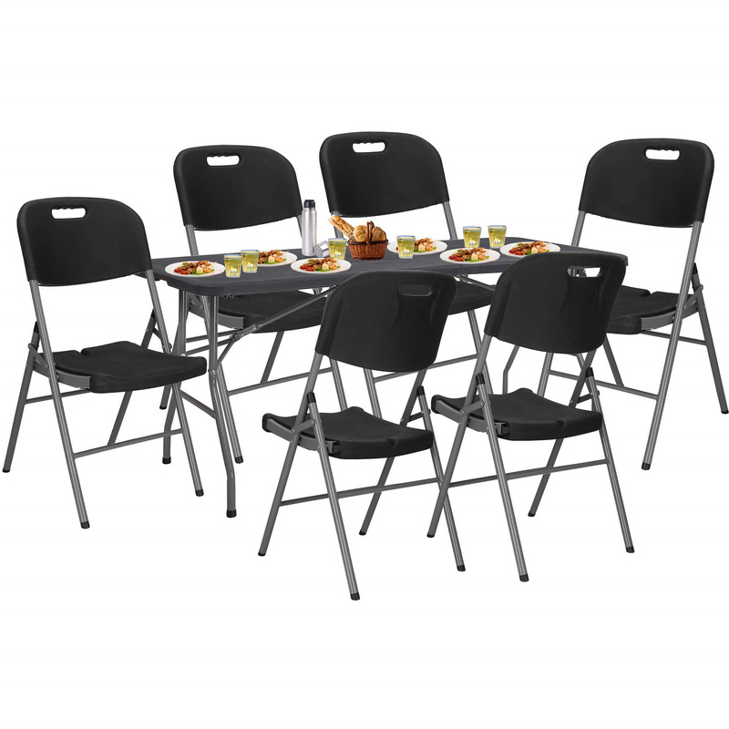 Zestaw cateringowy, turystyczny stół 180 cm z 6 krzesłami składany na bankiet, zestaw czarny