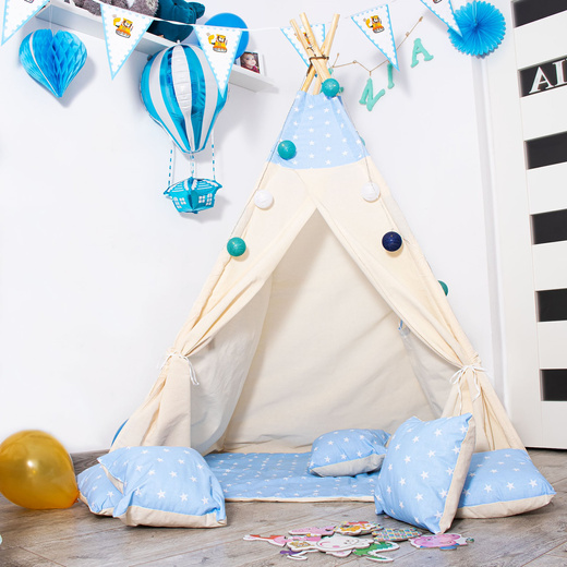 Namiot Tipi dla dzieci wigwam błękitny w gwiazdki XXL