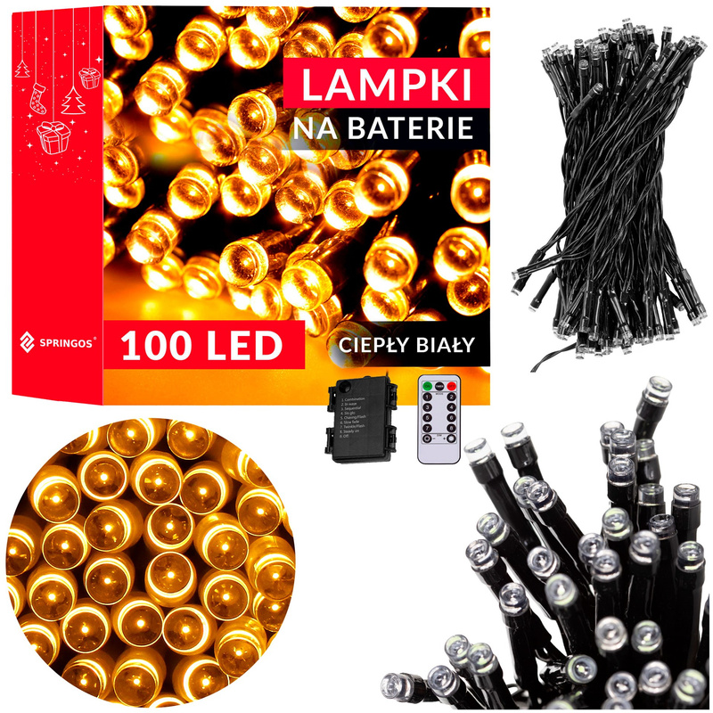 Lampki choinkowe 100 Led na baterie biały ciepły z pilotem