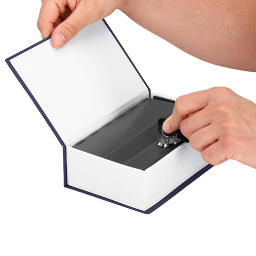 Kasetka na pieniądze 26,5x20x6,5 cm metalowy sejf książka granatowa