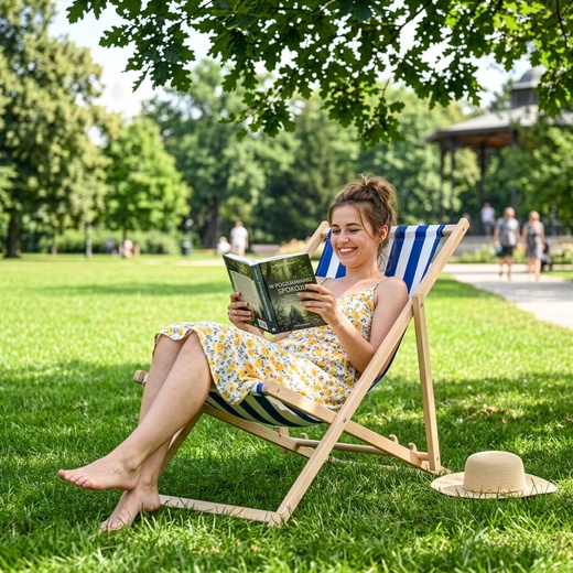 Leżak ogrodowy, drewniany z 3-stopniową regulacją, plażowy, balkonowy, biało-niebieskie pasy