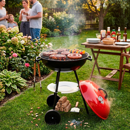 Grill węglowy, zamykany pokrywą okrągły, ruszt 41 cm przenośny, czarno-czerwony