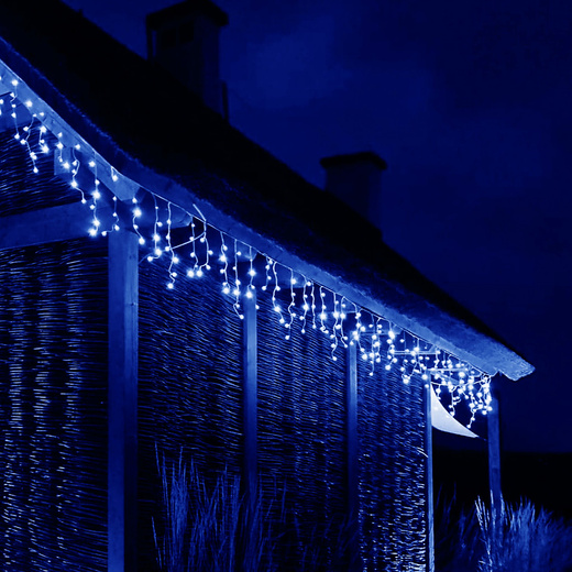 Kurtyna świetlna 300 led girlanda, lampki wewnętrzno-zewnętrzne 14,5 m sople niebieski z zimnym białym flash