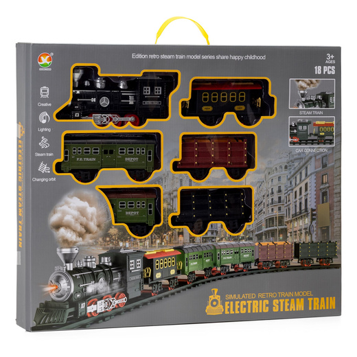 Pociąg z wagonami dla dzieci z mgiełką i dźwiękami, lokomotywa parowa z torami na baterie