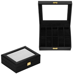 Szkatułka na zegarki 25x20x8 cm czarna, ekoskóra organizer z 10 przegródkami