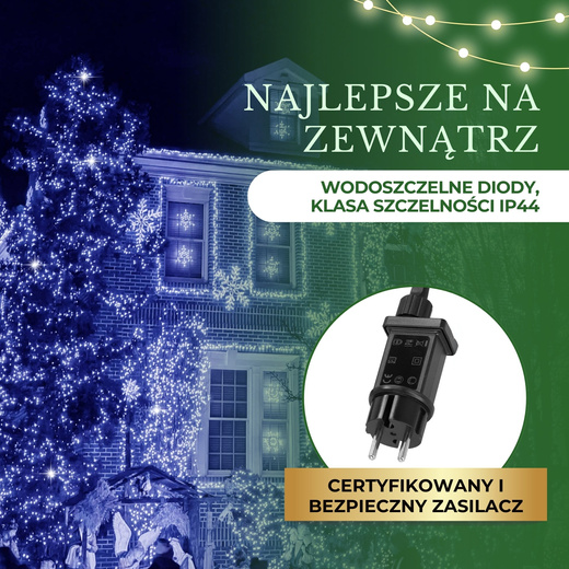 Lampki choinkowe 300 led niebieski + biały zimny flash 15m oświetlenie świąteczne IP44