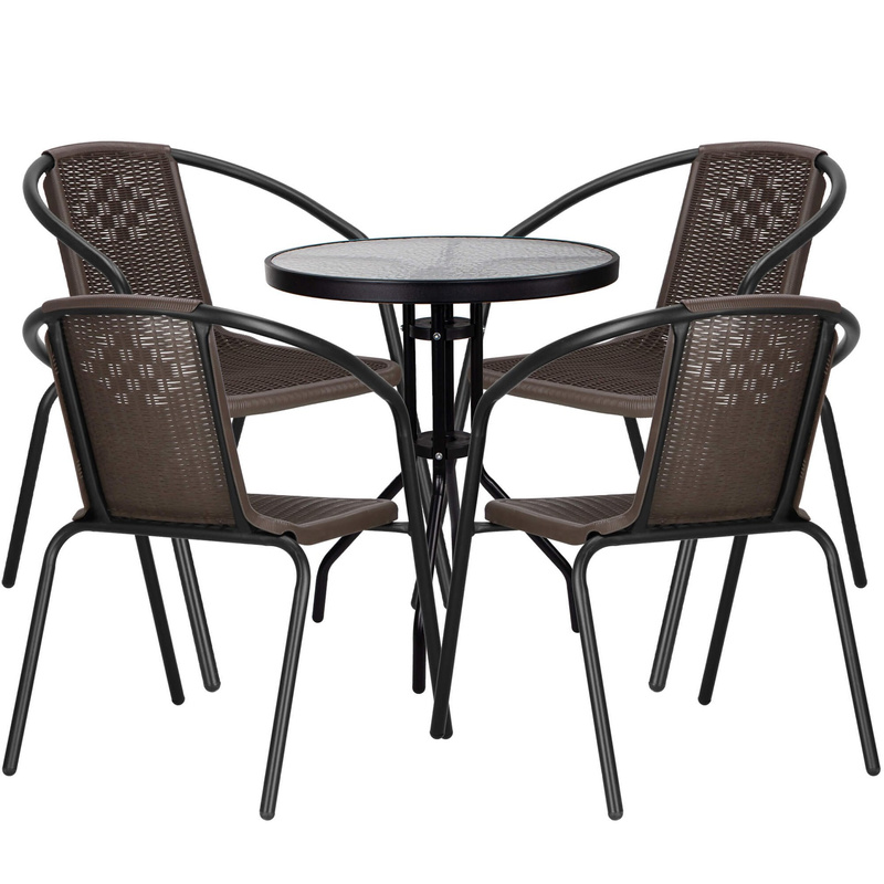 Meble ogrodowe metalowe 4 krzesła i stół ze szklanym blatem zestaw ogrodowy czarno-brązowy