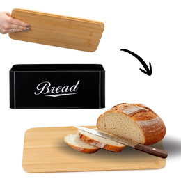 Chlebak metalowy, zamykany z bambusową deską, pojemnik na pieczywo, czarny