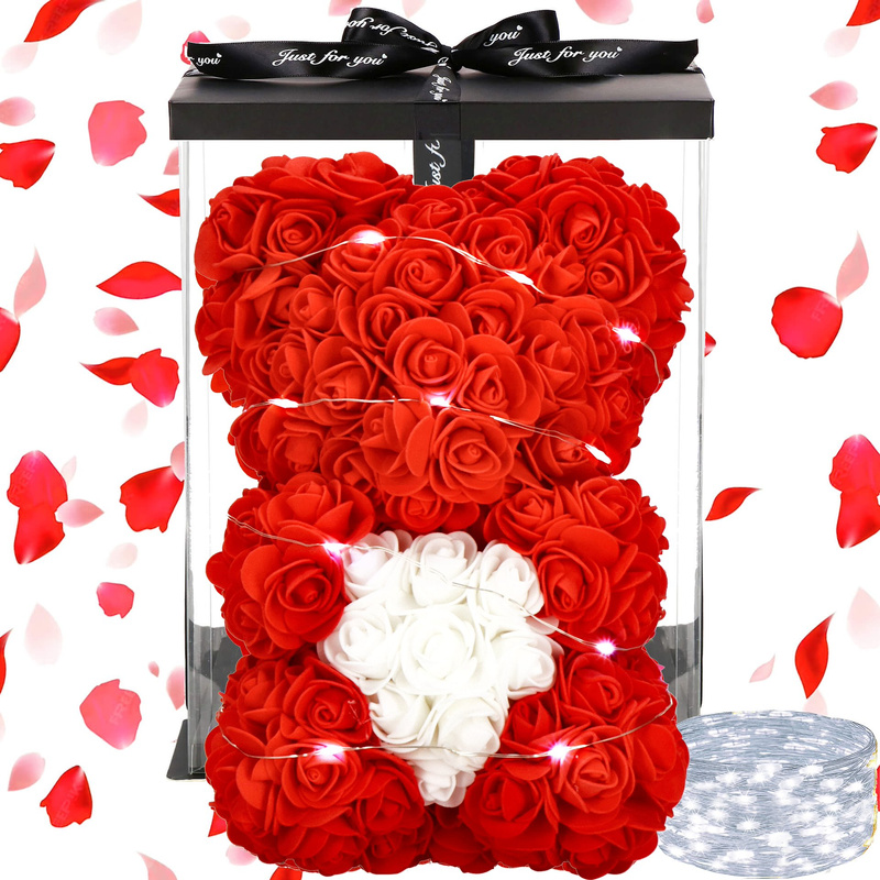 Miś z płatków róż czerwony z sercem, 25 cm rose bear z lampkami LED biały zimny
