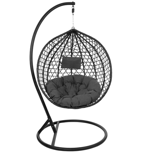 Kokon ogrodowy rattanowy z poduszkami fotel wiszący bujak huśtawka na metalowym stelażu czarna