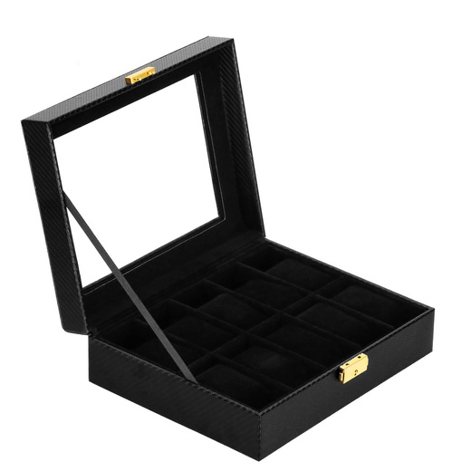 Szkatułka na zegarki 25x20x8 cm czarna, ekoskóra organizer z 10 przegródkami