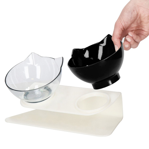 Podwójna miska dla psa i kota z podstawką antypoślizgowa przeźroczysta, czarna