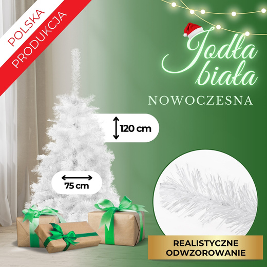 Choinka sztuczna 120 cm jodła biała nowoczesna jak żywa, ze stojakiem