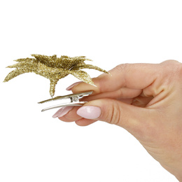 Gwiazda betlejemska, sztuczny kwiat, poinsecja złota z brokatem na klipsie