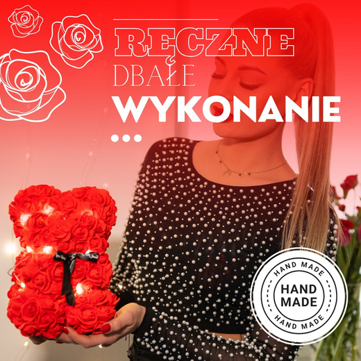 Miś z płatków róż czerwony 22 cm rose bear z kokardką i lampkami LED biały ciepły