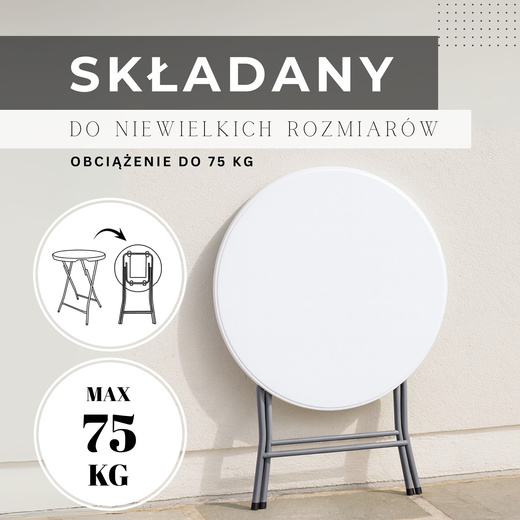 Stół składany cateringowy 75x80 cm okrągły stolik bankietowy koktajlowy biały