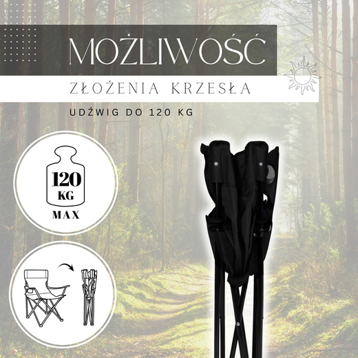Zestaw kempingowy stolik i 2 krzesła z oparciem, składane meble turystyczne czarny