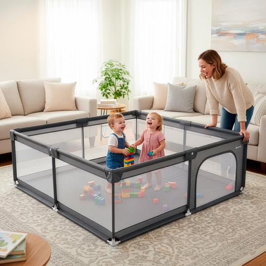 Kojec dla dzieci, zamykany 180x150x66 cm plac zabaw, ochronny, szary