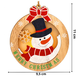 Zawieszka choinkowa bałwan świecąca ozdoba świąteczna drewniana na baterię