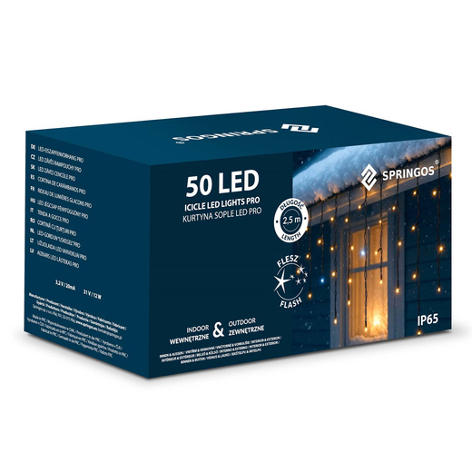 Kurtyna świetlna 50 Led lampki zewnętrzne sople 2,5 m zimny biały + zimny biały flash
