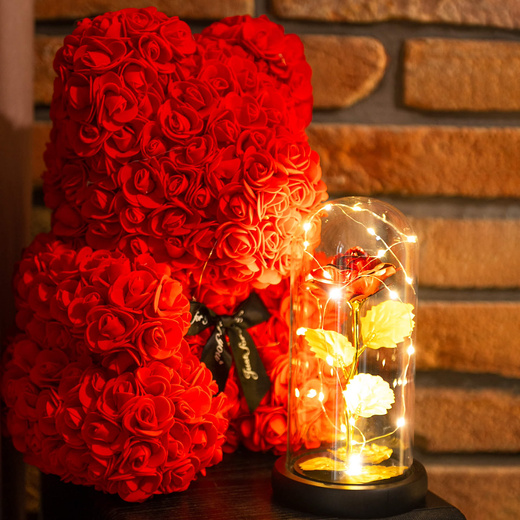 Wieczna róża w szkle 22 cm świecąca ozdoba LED prezent czerwona