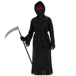Przebranie na Halloween 146/152 cm strój śmierć, żniwiarz, kostium kostuchy, kosa, okulary LED