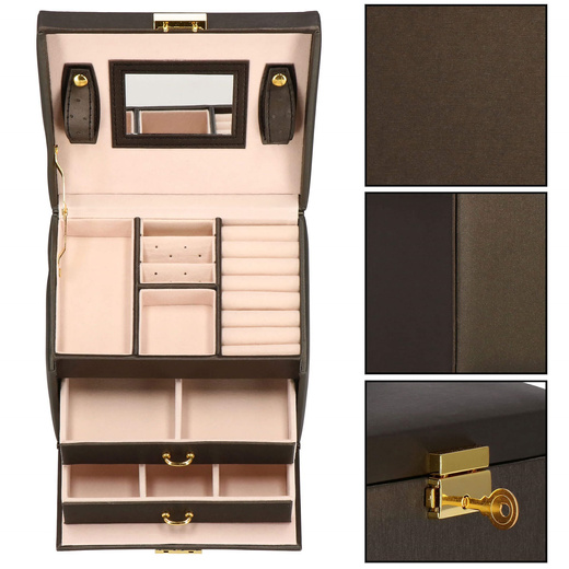 Szkatułka na biżuterię ekoskóra 17,5x14x12,5 cm brązowy organizer z przegródkami