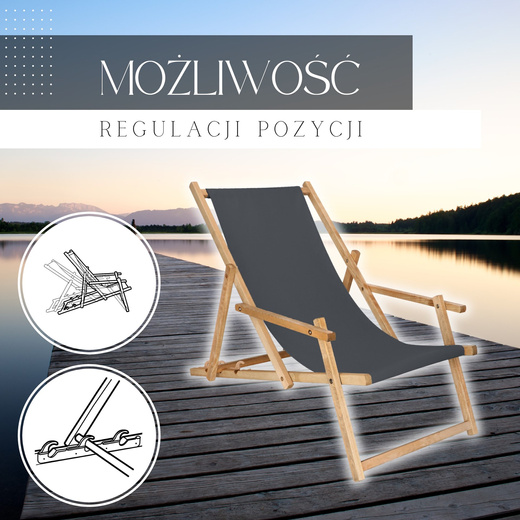 Leżak ogrodowy, drewniany z 3-stopniową regulacją, plażowy, balkonowy, grafitowy